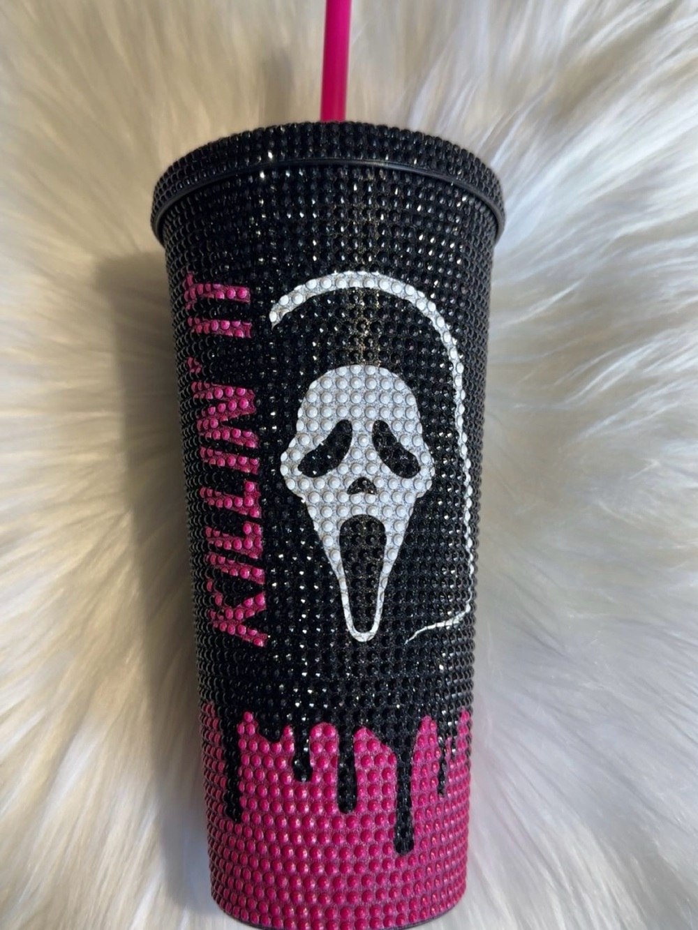 Pink Ghostface Bedazzled Tumbler